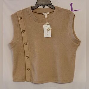 Round Neck Sleeveless Knit Tank with Gold Button Detail — Beige